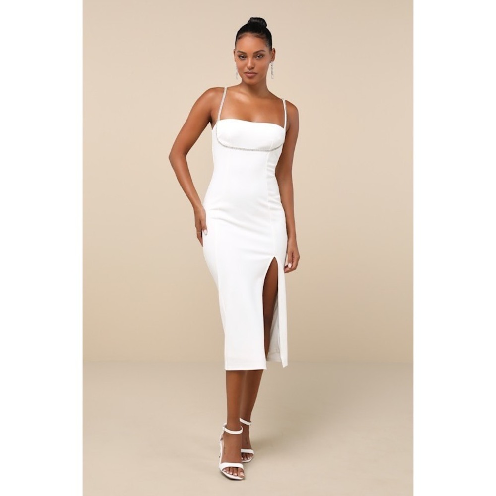 Lulus Upscale Flirt Ivory Rhinestone Sleeveless Bodycon Midi Dress White